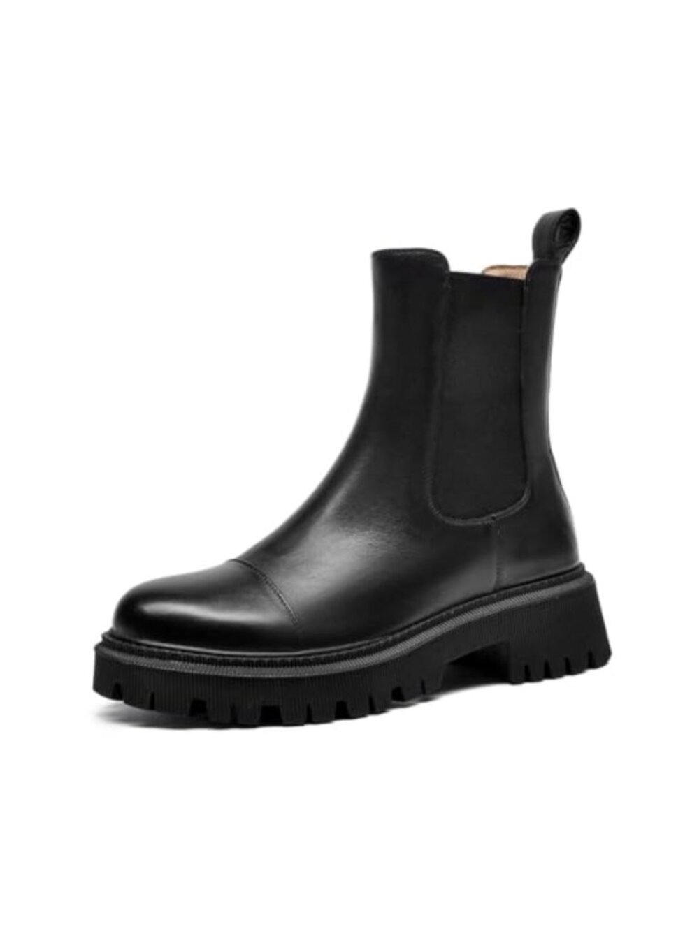 Leather Lug Sole Ankle Chelsea Boots Round Toe Slip On Booties